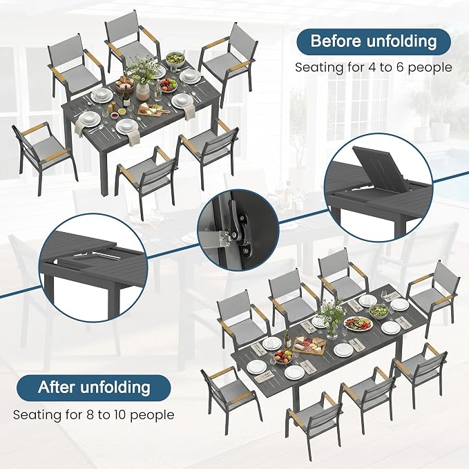 FansaFurn Patio Furniture Set with 92" Extendable Dining Table, Patio Table Set for 4–8 People, All-Weather Aluminum Outdoor Furniture, Outdoor Dining Set for Backyard, Porch, and Garde, Grey