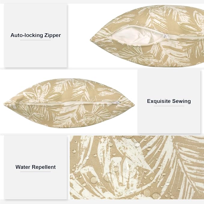 Outdoor Lumbar Pillows 12x20 Inch, Water Repellent Cushion Pillows, Outdoor Pillows with Inserts for Home Garden Pack of 2, Tropical Leaf Oat