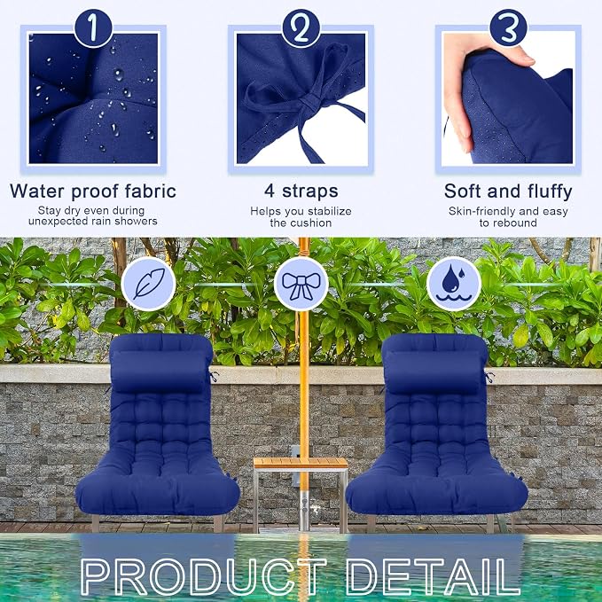 Tudomro Outdoor Chaise Lounge Cushion 66x21x4'' Waterproof & Fade-Resistant Patio Pool Chaise Lounge Cushion Headrest Pillow Tie Replacement Rocking High Back Chair(Navy Blue,Set of 2)