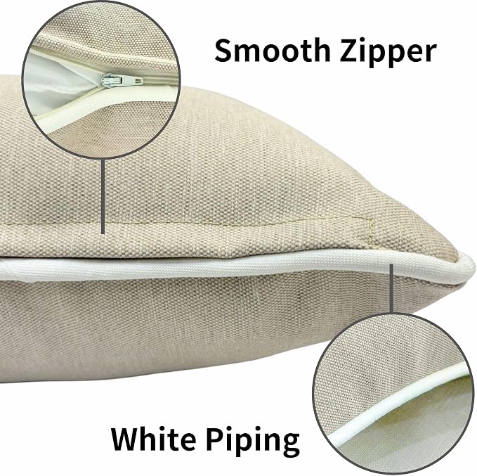 HER HWA Outdoor Lumbar Pillow Covers White Piping 20"x12" Set of 2, Khaki | durable fade-resistant water-resistant 100% polyester white piping smooth zipper machine washable for indoor outdoor décor