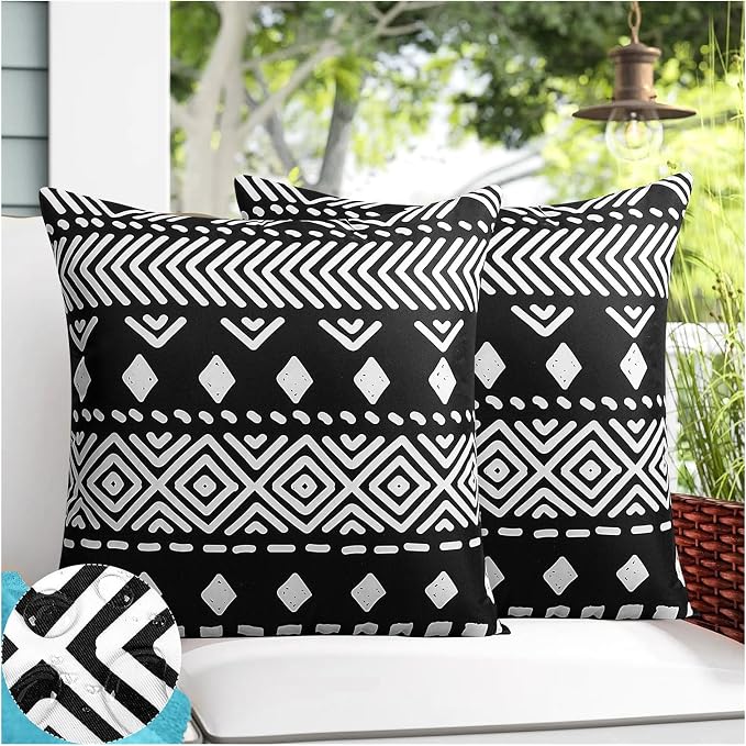 Adabana Outdoor Waterproof Pillow Covers 18x18 Set of 2 Black Boho Design | Waterproof Fabric Designed for Patio Furniture, Porch, Balcony and Garden Decor