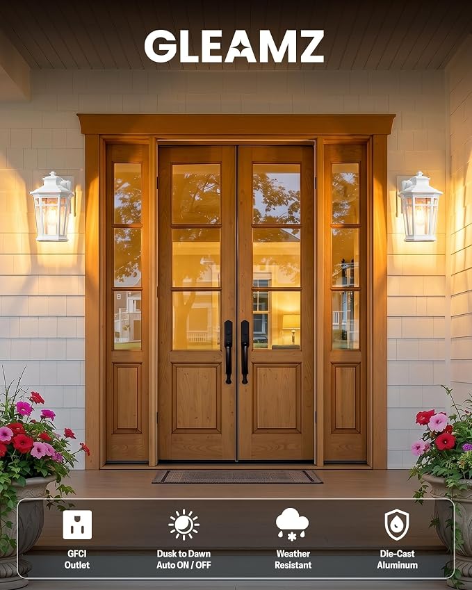 Gleamz Large Porch Lights Outdoor with GFCI Outlet, White Exterior Lighting Fixtures with Dusk to Dawn Sensor, Front Porch Light Wall Mount, Patio Wall Light Fixture for Garden Front Door Coach