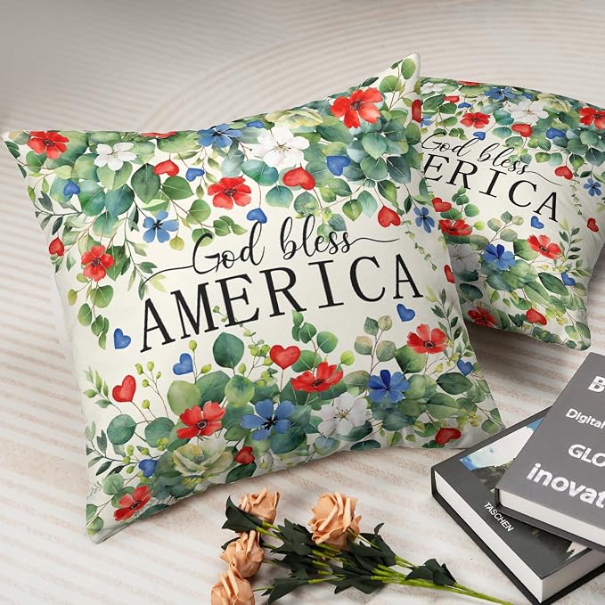 4th of July Pillow Covers Idependence Day Throw Pillow Covers 22x22 Red White Blue Flower Pillow Cases Eucalyptus Leaf Patriotic Cushion Cases for Home Bedroom Living Room 2 Pack