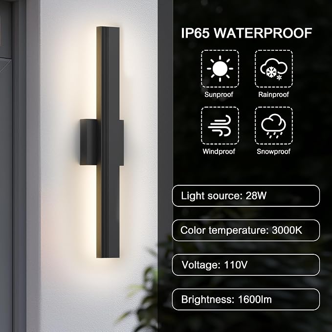 LamQee Aluminum 24 in Long Outdoor Wall Light Fixture, 3000K Integrated LED | Waterproof IP65, Modern Exterior Lights, Linear Outdoor Sconce, Wall Mount Outside Lighting, for House Porch Patio Garage