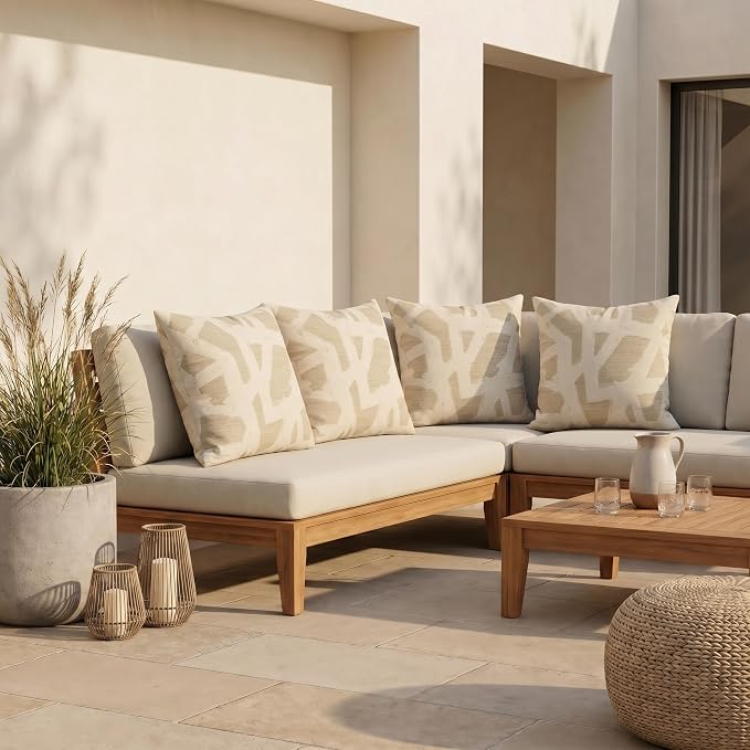 RSH DECOR: Sunbrella Square Throw Pillows Set of 4 | 17" x 17" | Water and Fade-Resistant Performance Fabric | Outdoor Pillow Covers with Down-Alternative Inserts | Made in USA (Draft Parchment)