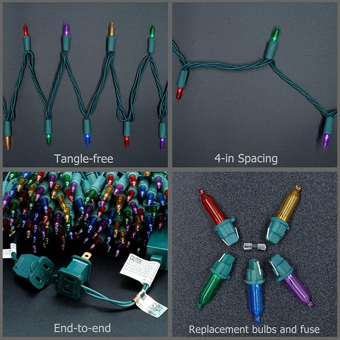 YULETIME 200 Multicolor LED Christmas Lights, 66 ft Green Wire String Light | Stay Lit, End-to-End Connectable, UL Certified, Commercial Grade, 1-Strand 200 Lights, 4" Spacing