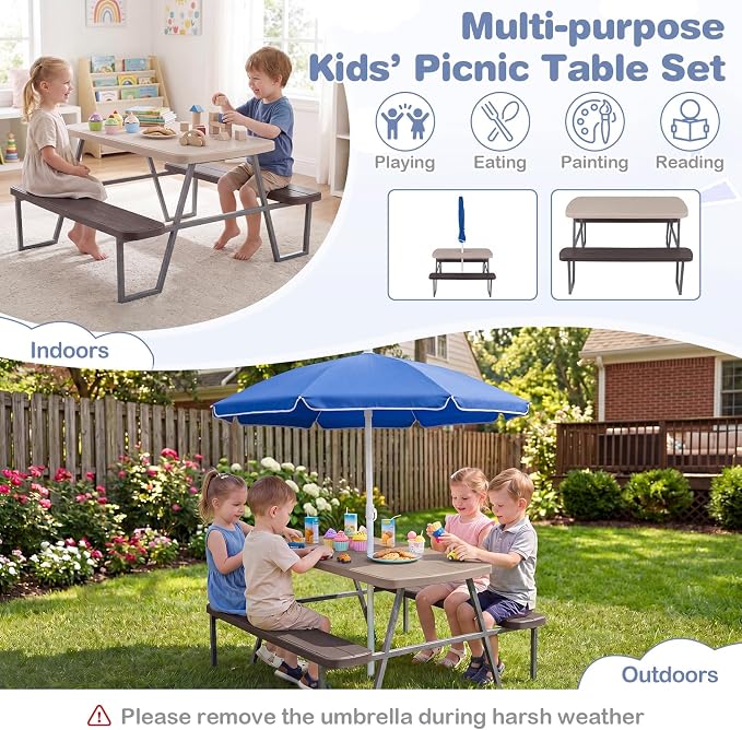 Costzon Kids Picnic Table, Toddler Outdoor Table & Bench Set with Removable Umbrella, HDPE Tabletop, Metal Frame, Kids Outdoor Furniture for Patio Backyard Garden, Fits 4 Children Age 3+ (Coffee)