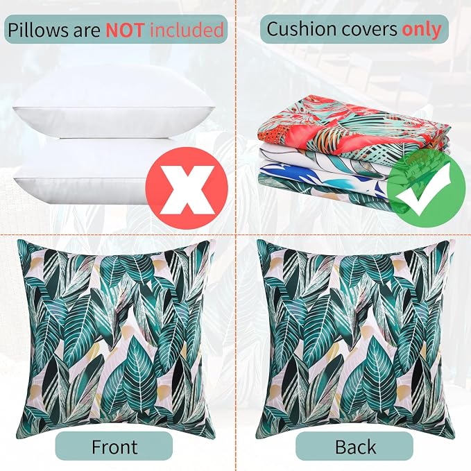 Outdoor Waterproof Pillow Covers Summer Decorative Throw Pillow Covers 20x20 Green Tropical Leaves Garden Cushion Sham Pillowcase Set of 2 Outside Decor for Patio Tent Garden Sofa Accent Pillow Cases