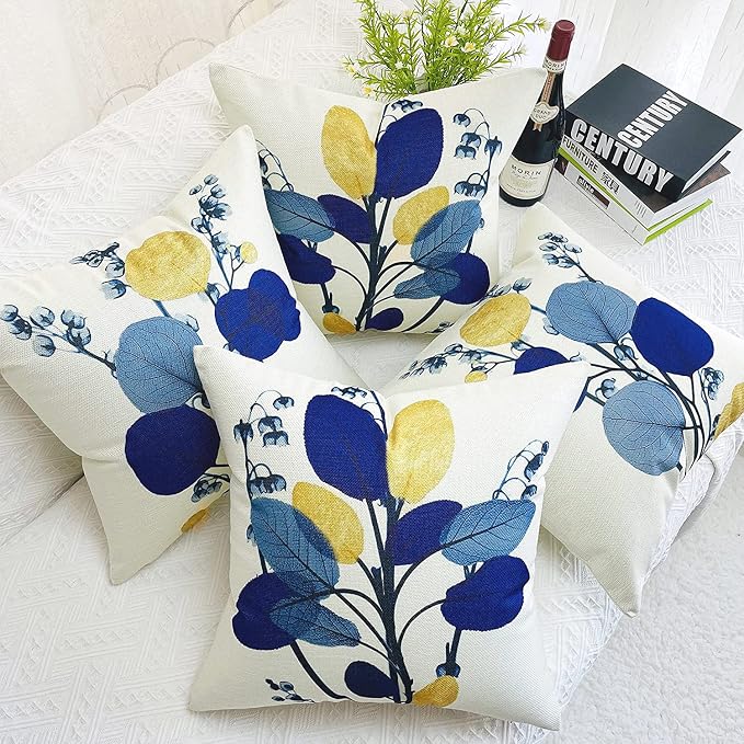 Outdoor Pillow Covers Navy Blue Leaves Waterproof Throw Pillows Case 18x18 inch Set of 4 Garden Patio Furniture for Home Sofa Decorative