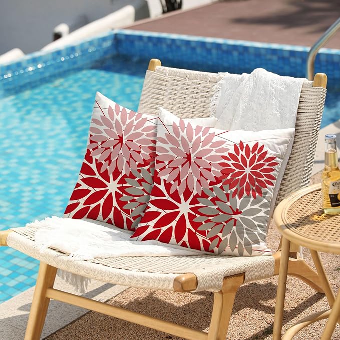 DFXSZ Pack of 2 Outdoor Waterproof Throw Pillow Covers 16x16 Pink Red Grey | Polyester Spring Summer Valentines Floral Decorative Cushion Cases(NO INSERT),For Couch Patio Funiture Garden Home Decor