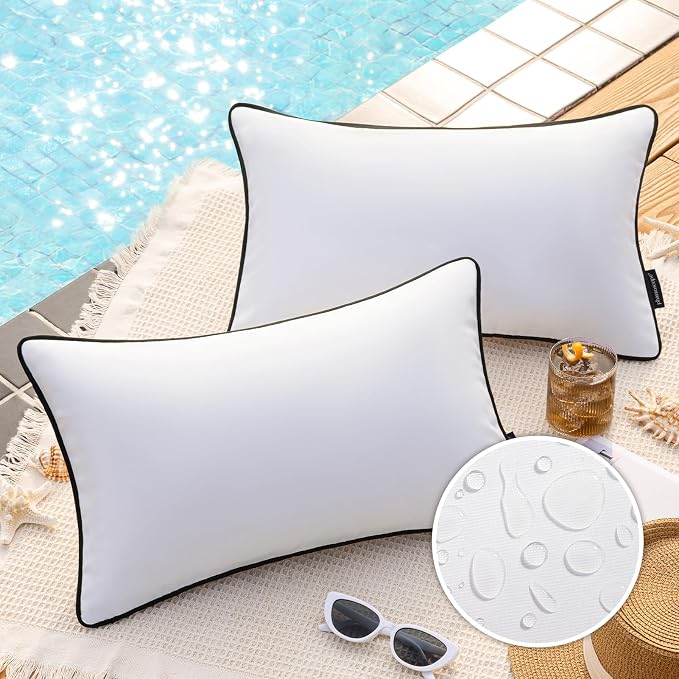 Phantoscope Pack of 2 Outdoor Waterproof Throw Pillow Covers with Contrast Piping, Decorative Square Cushion Case Patio Pillows for Couch Tent, Pure White 12x20 inches