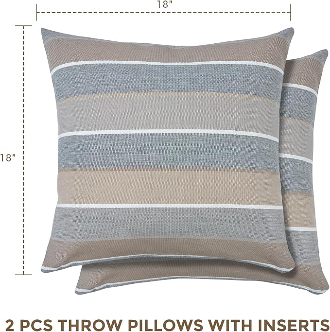 Throw Pillow with Insert, Set of 2, Outdoor Indoor Waterproof Decorative Patio Throw Pillow 18x18 Inch, Square Cushion for Couch Sofa Garden Farmhouse Decoration-Grey Stripe