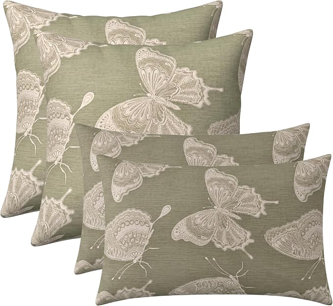 RSH DECOR: Sunbrella Lumbar & Square Pillows Set of 4 | 20" x 12" & 20" x 20" | Water and Fade-Resistant Performance Fabric | Outdoor Throw Pillows for Patio Furniture | Made in USA (Farfalla Spring)