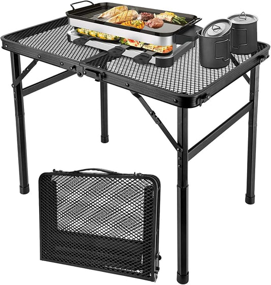 GDDGHS 2x1.3 FT Folding Camping Table Foldable Grill Table for Outdoor BBQ, Metal Portable Camping Grill Stand with Mesh Desktop, Adjustable Height Lightweight BBQ Tables Black