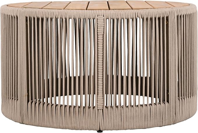 Christopher Knight Home Peyz Acacia Wood Outdoor Side Table Set of 2 with Woven Rope Design, Patio Round Coffee Table Set with Small Side Desk, Functionality Stylish 2 Tables for Garden, Teak + Beige