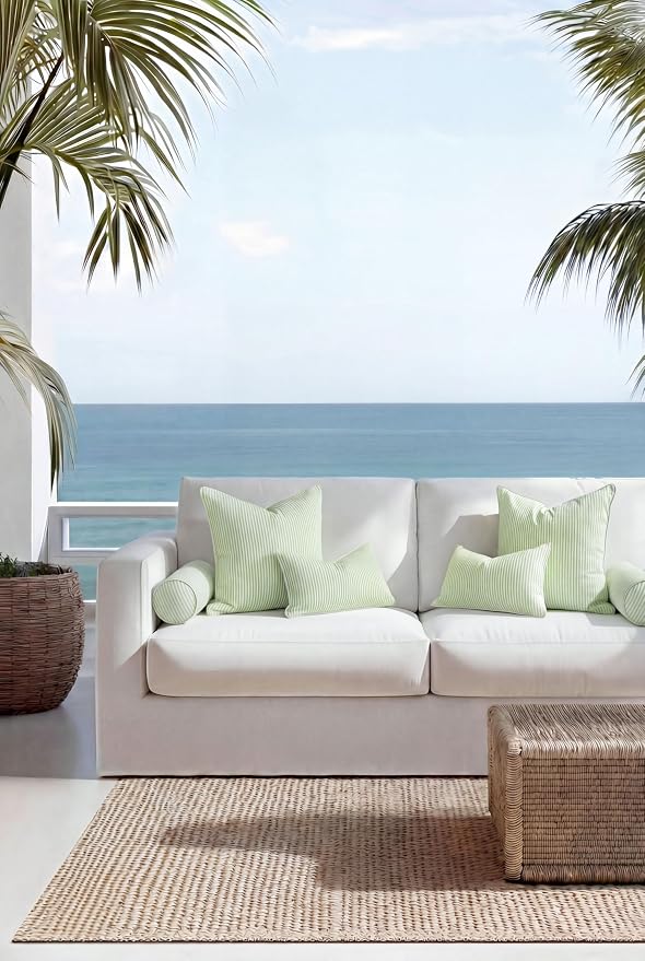 Hofdeco Premium Coastal Hampton Outdoor Performance Lumbar Pillow Cover Only, 12"x20" Water Repellent, UV and Fade Resistant for Backyard, Couch, Poolside, Grass Green Woven Coastline Stripes