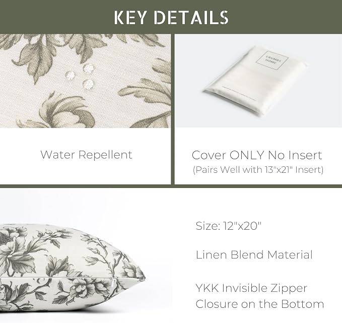 Modern Farmhouse California Casual Indoor Outdoor Lumbar Pillow Cover, 12"x20" Water Repellent for Patio, Backyard, Couch, Poolside, Oliver Green Print Vintage Chinoiserie Floral