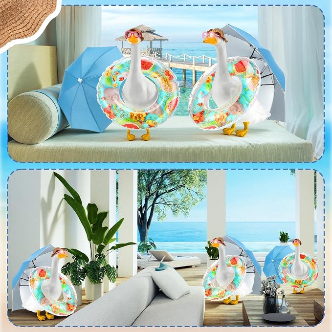 Outus Funny Summer Porch Goose Outfits Set Includes Color Swimming Ring and Umbrella Goose Porch Clothing for Outdoor Swimming Pool Garden Yard Patio Lawn Statue