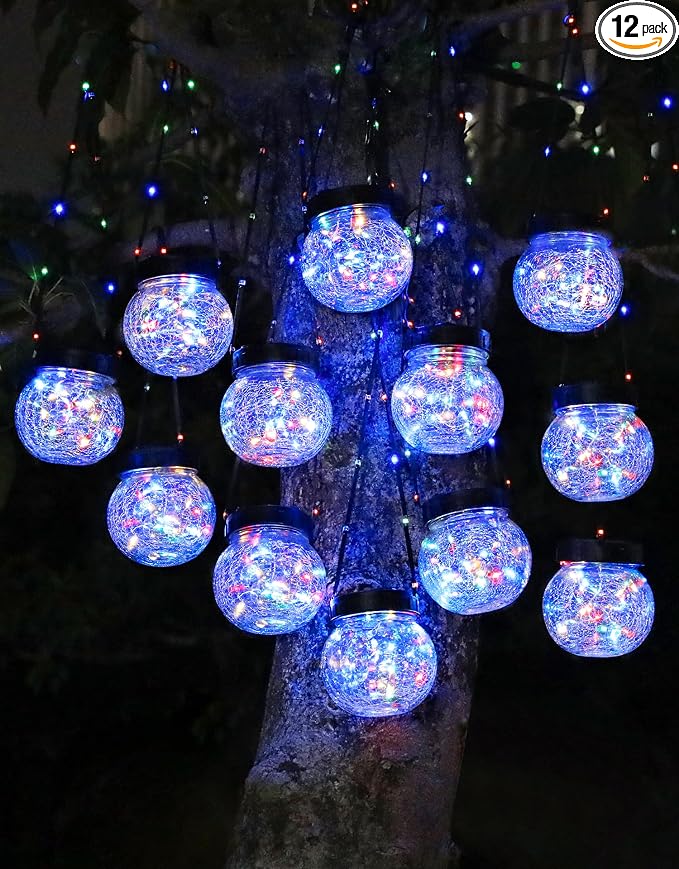 Solar Lights Outdoor Waterproof 12-Pack, Solar Powered Hanging Lantern Cracked Glass Hanging Globes for Yard Decor Christmas Decoration, Shepherd Hook, Garden Tree Ornaments, RGB