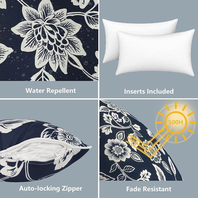 LVTXIII 2 Pack Outdoor Lumbar Pillows 12x20 Inch with White Piping, Fade Resistant Support Throw Pillows with Inserts for Patio Furniture, Sofa, Chair, Elegant Vines Navy