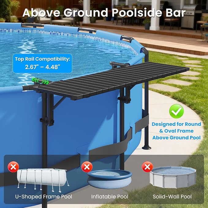 Future Way Poolside Bar, Above Ground Pool Bar, 49.4×9.6" Carbon Steel Poolside Table, Swim Up Bar Fits Top Rails 4.48"or Less, Holds 110LBS, Frame Round & Oval Above Ground Swimming Pools Accessories