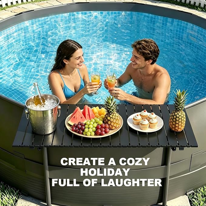 Foldable Swim Up Pool Bar Table for Above Ground Pools, 44''x16'' Heavy Duty Rustproof Metal Pool Side Table Fits Round Oval Rectangular Frame Pools, Outdoor Patio Drink Snack Side Table