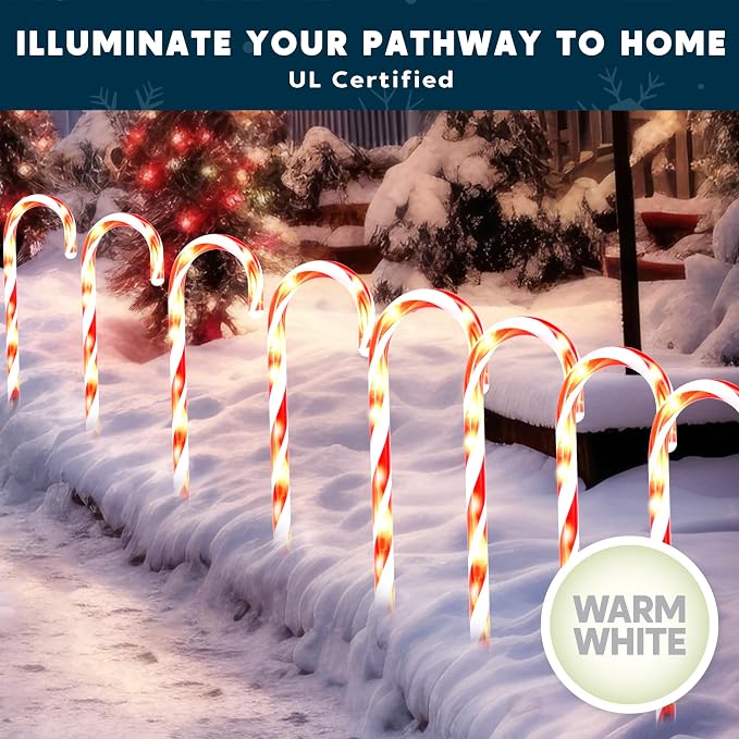 Joiedomi 12 Pcs Christmas Candy Cane Pathway Markers Lights, 12” Stakes Lights with Warm White, Waterproof Outdoor Decorations for Holiday Xmas Indoor,Yard,Patio,Garden,Walkway