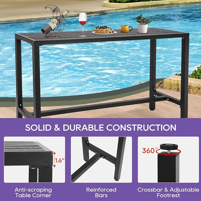 Outdoor Bar Table, 63" Black Patio Counter Height Bar Table, Outdoor Console Table with Weather Resistant Waterproof Top for Hot Tub, Balcony, Garden, Yard, Poolside,Black (Black, 63")
