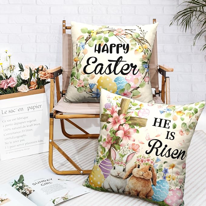 Happy Easter Throw Pillow Covers He is Risen Floral Cross Pillow Covers Spring Easter Bunny Pillow Cases 20x20 Set of 2 Colorful Eggs Rabbit Cushion Cases for Home Sofa Couch