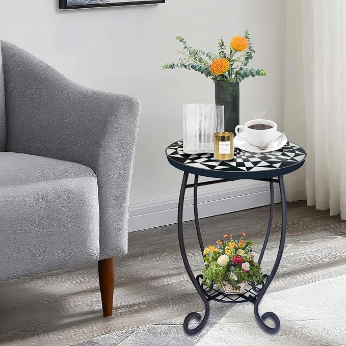 LIFFY Outdoor Side Table,12" Round Ceramic Tabletop Accent Table with Metal Frame, Indoor Small Decorative Plant Stand & End Table for Home, Patio, Garden