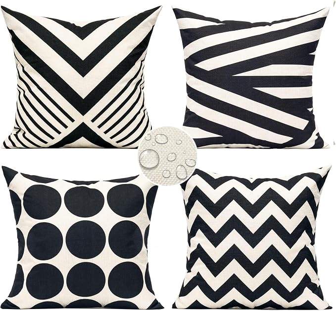 All Smiles Outdoor Waterproof Throw Pillow Covers 16X16 Set of 4,Black Beige Decorative Cushion Covers Boho Decorations Outside for Patio Furniture Porch Seat Chair Couch Sofa Living Room Geometric
