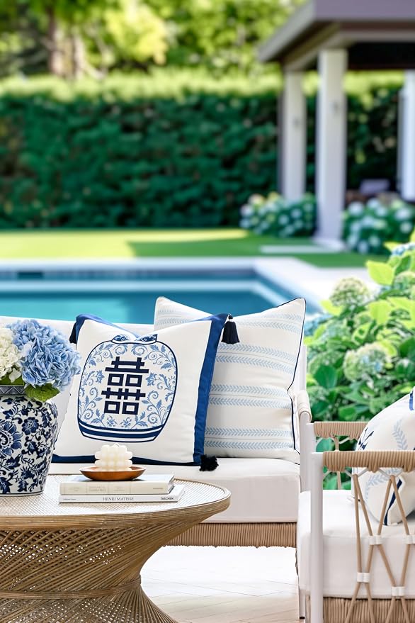 Hofdeco Premium Coastal Hampton Patio Indoor Outdoor Throw Pillow Cover Only, 20"x20" Water Repellent for Backyard, Couch, Poolside, Navy Blue Embroidered Happiness Chinoiserie Vase