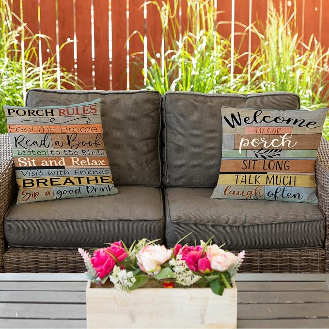 Porch Rules Sign Outdoor Pillow Covers Waterproof Welcome to Our Porch Patio Pillow Covers for Couch Bench Patio Furniture Set of 2 (Brown, 16x16)