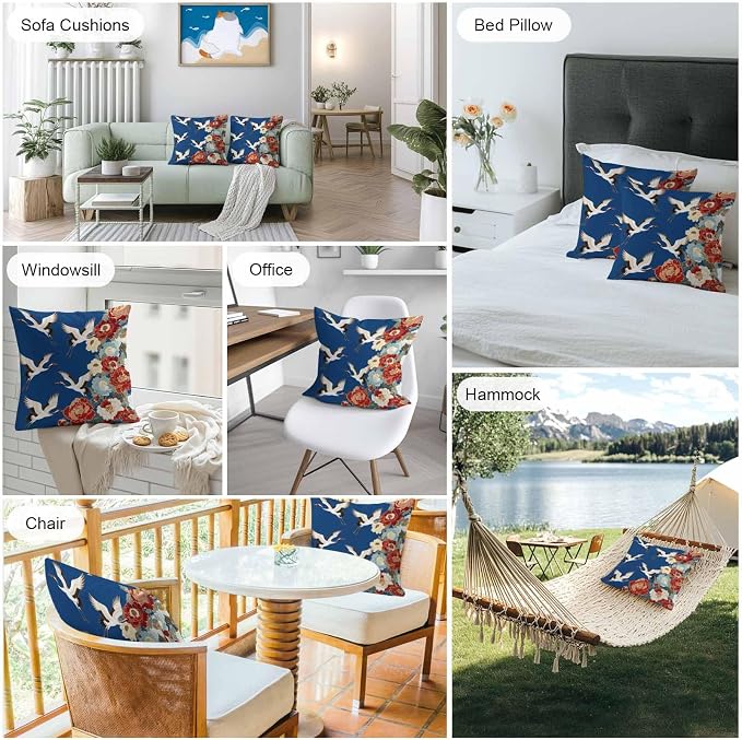 Japanese Style Outdoor Pillow Covers 16x16 Inch Throw Pillow Covers Set of 2 Waterproof Decorative Pillow Cases Blue Rustic Botanical Blossom Peony Birds Cushion Covers for Patio Furniture Garden