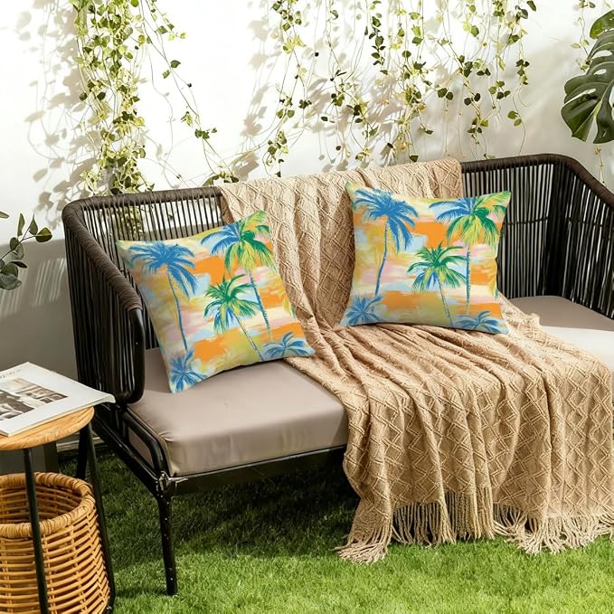 Waterproof Outdoor Pillow Covers Patio Throw Pillow Cases 18x18 PalmTrees | Decorative Throw Pillows Patio Cushion Covers Set of 2, Outdoor Pillow Inserts Cover for Couch Chair