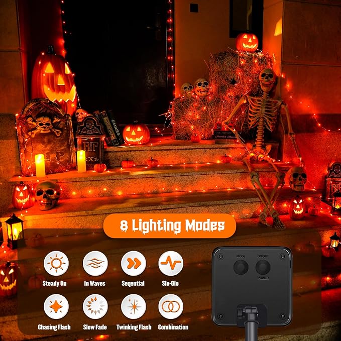 JMEXSUSS 4 Pack Solar Halloween Lights, 33FT 100 LED Orange Fairy Lights | Outdoor Waterproof, 8 Modes Copper Wire Solar String Lights for Outside Garden Yard Patio Tree Halloween Decoratios