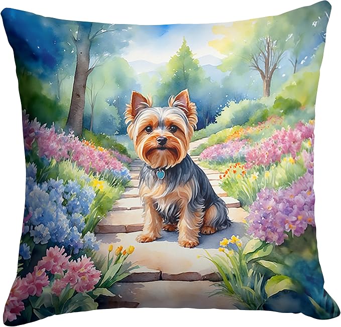 Caroline's Treasures Yorkshire Terrier Spring Path Throw Pillow Machine Washable, Indoor Outdoor Decorative Pillow for Couch, Bed or Patio, 14Hx14W