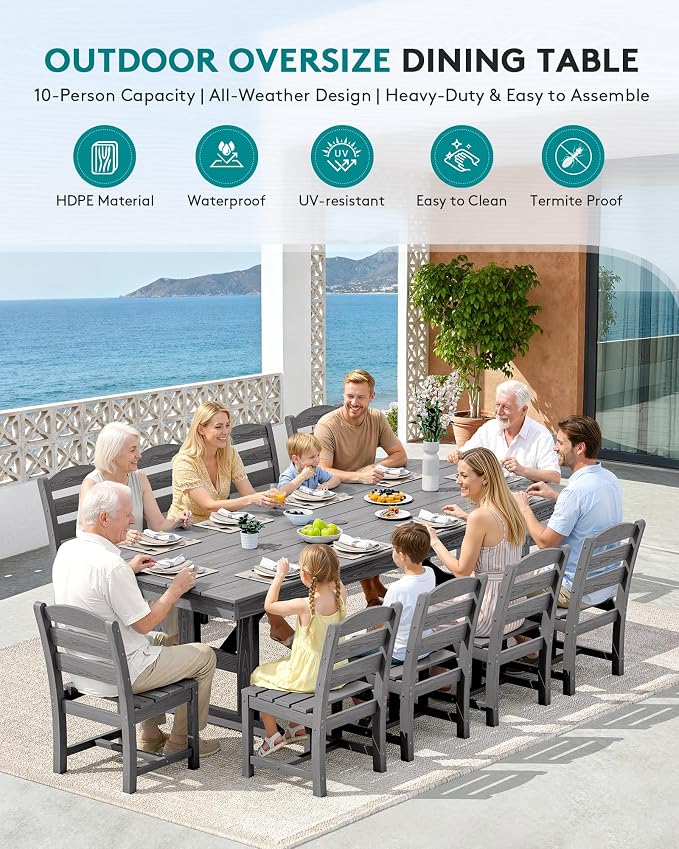 SERWALL Outdoor Armless Dining Chairs Set of 4, All-Weather HDPE Patio Chair with 19.7" Widened Seat, for Backyard, Garden, Gray