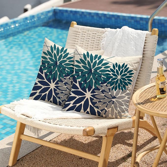 DFXSZ Pack of 2 Outdoor Waterproof Throw Pillow Covers 20x20 Dark Blue Grey | Polyester Colorful Spring Summer Floral Decorative Cushion Cases(NO INSERT),For Couch Patio Funiture Garden Home Decor