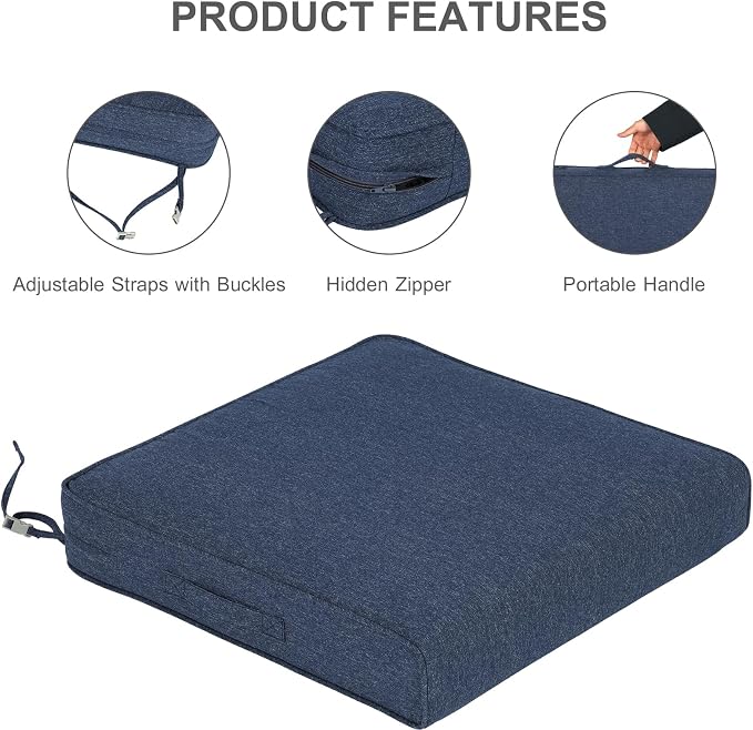 Aoodor Patio Chair Cushions Set of 4, 21 x 21 x 4 Inch Water Resistant Outdoor Seat Cushions with Handle and Ties, Square Corner Cushions for Patio Furniture Garden Lawn, Navy Blue