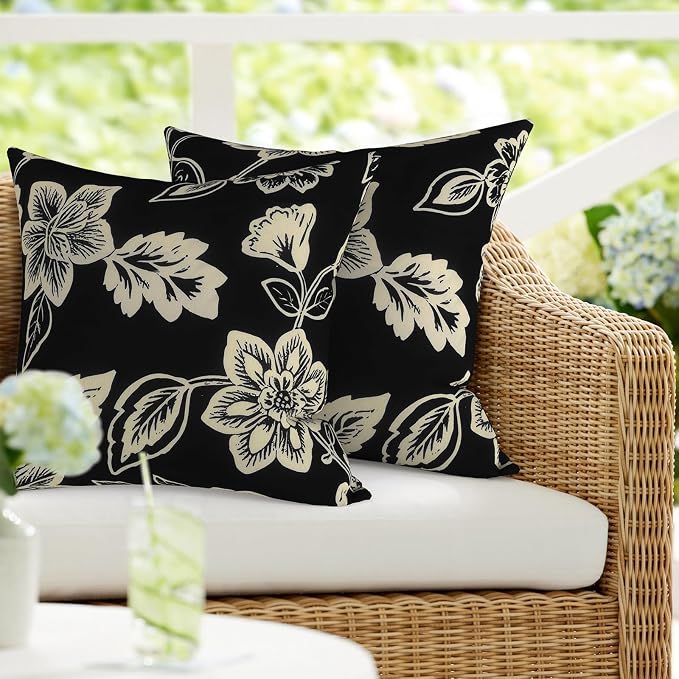 DYTXIII Pack of 2 Outdoor Waterproof Pillow Covers ONLY, 18"x18" Square Decorative Double Printed Throw Pillow Cases for Patio Couch Porch Furniture, Vines Black