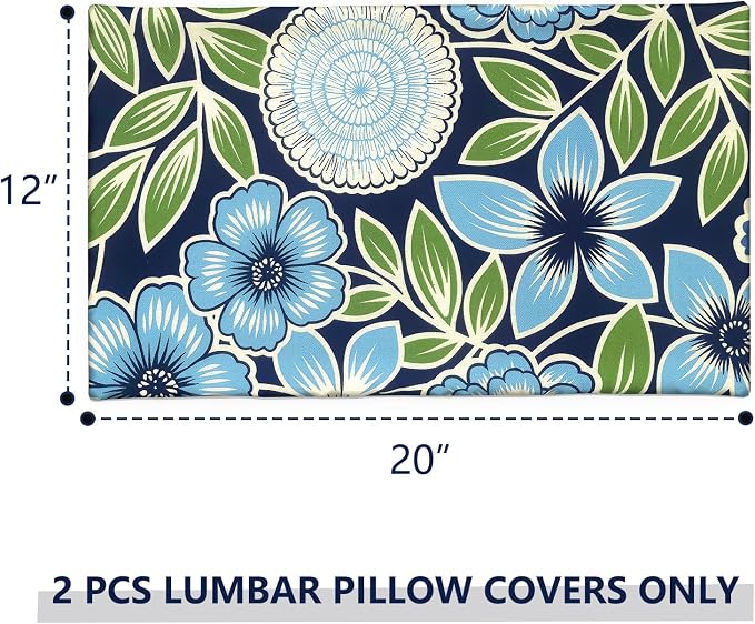 12x20 Inch Lumbae Pillow Covers, Rectangle Waterproof Throw Covers Set of 2, Decorative Patio Furniture Cushion Cases for Porch Garden, Azure Botanical Symphony