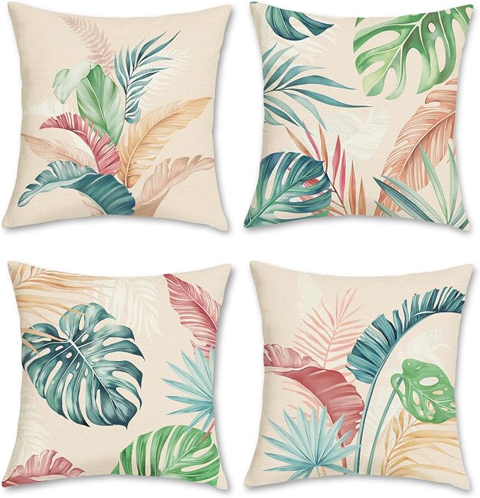 Bonhause Tropical Leaves Throw Pillow Covers 18 x 18 Inch Set of 4 Pink Green Palm Leaf Polyester Linen Decorative Pillow Cases for Couch Sofa Bed Home Garden Outdoor Décor