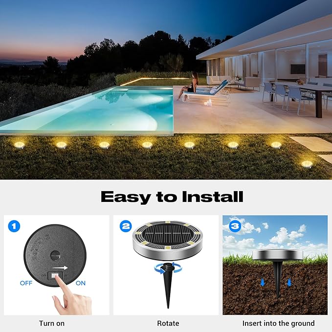 Solar Ground Lights Outdoor, 6 Pack Flat Solar Powered Disc Lights, IP68 Waterproof, Anti-Rust, Landscape Lighting for Pathway Garden Yard Lawn Walkway Landscape Driveway, Mini, Warm White