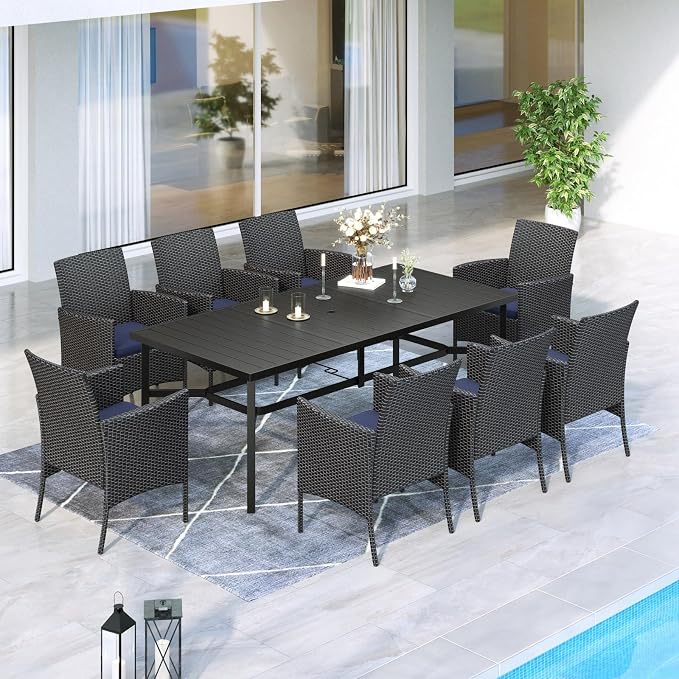 MFSTUDIO 9 Pieces Outdoor Patio Dining Furniture Set for 8,1 Large Rectangle Metal Table with 1.7'' Umbrella Hole and 8 Wicker Sofa Chairs with Navy Cushions, Outdoor Table and Chairs Dining Set for 8