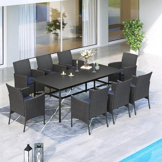 MFSTUDIO 9 Pieces Outdoor Patio Dining Furniture Set for 8,1 Large Rectangle Metal Table with 1.7'' Umbrella Hole and 8 Wicker Sofa Chairs with Navy Cushions, Outdoor Table and Chairs Dining Set for 8