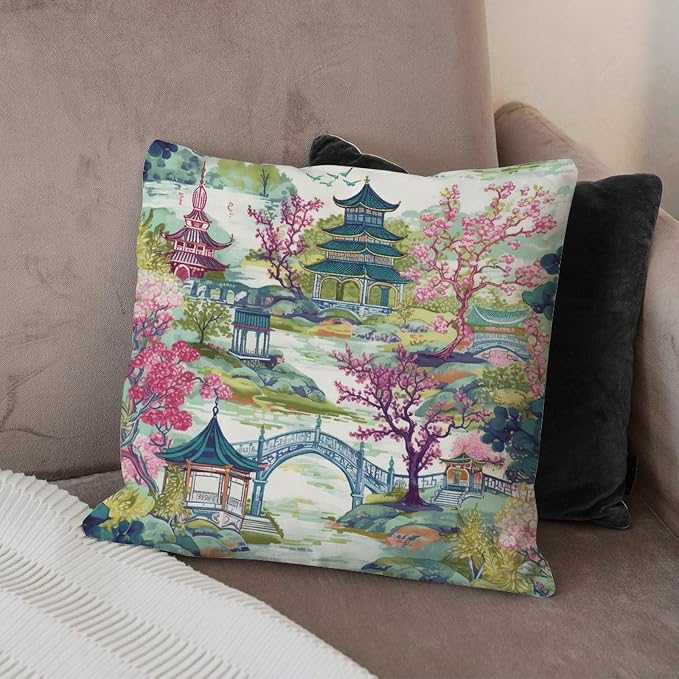 Chinoiserie Pagoda White Coral Blue Asian Pillow Cover Chinoiserie Chic Asian Pillows 20x20 INRetro Accent Throw Pillow Covers Farmhouse Decorative for Patio Funiture Garden