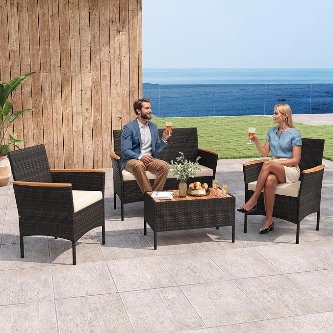HAPPYGRILL 4 Pieces Outdoor Patio Rattan Furniture Set, Rattan Conversation Set with Chairs & Loveseat, Acacia Wood Tabletop & Armrest, Outdoor Cushion Sofa Set for Backyard Patio Poolside