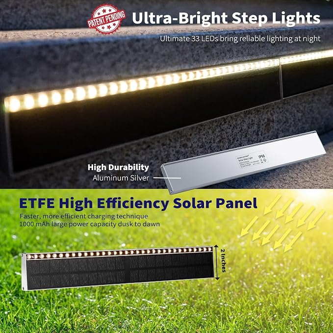 SHONELIGHTING Solar Step Lights Outside, 33 Focused LEDs, Stair Light, 12PK | Downward Lighting, High Brightness, Modular, Waterproof Aluminum, Risers, Deck, Curbsides, Planter Edges, Warm White, 3000K