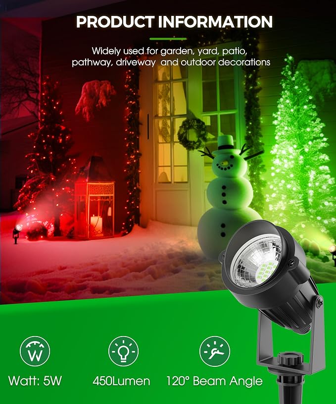 L LOHAS LED Green Outdoor Spotlight 5W Dusk to Dawn Landscape Light 2 Pack | Green Holiday Spotlights with Auto On/Off Function, Outdoor Tree Lighting for Christmas, Yard and Garden Decoration